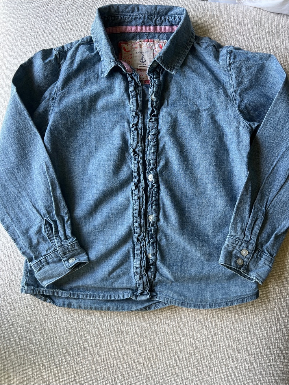 Lands' End Girls' Blue Denim Ruffle-Front Button Down Shirt